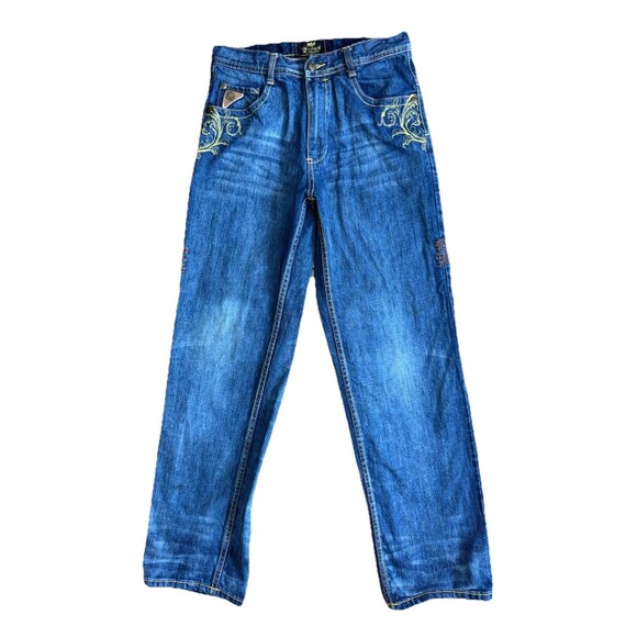 VTG Y2K Akademiks Baggy Jeans Size 18 Mid-Wash Hip Hop Skater Grunge Thick Stitc